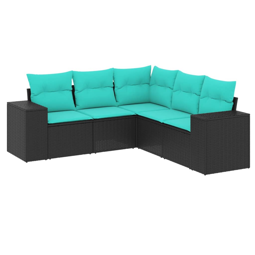 5-teiliges Gartensofa-Set mit Kissen, schwarzes Polyrattan