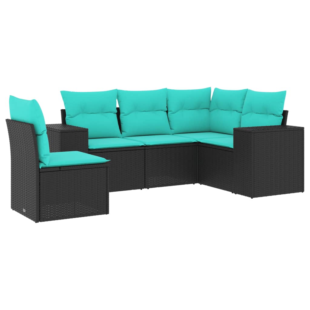5-teiliges Gartensofa-Set mit Kissen, schwarzes Polyrattan