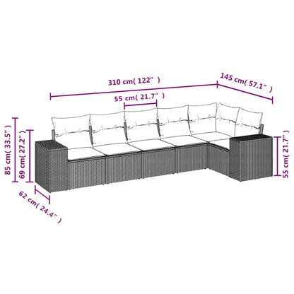6-teiliges Gartensofa-Set mit Kissen, braun, Polyrattan