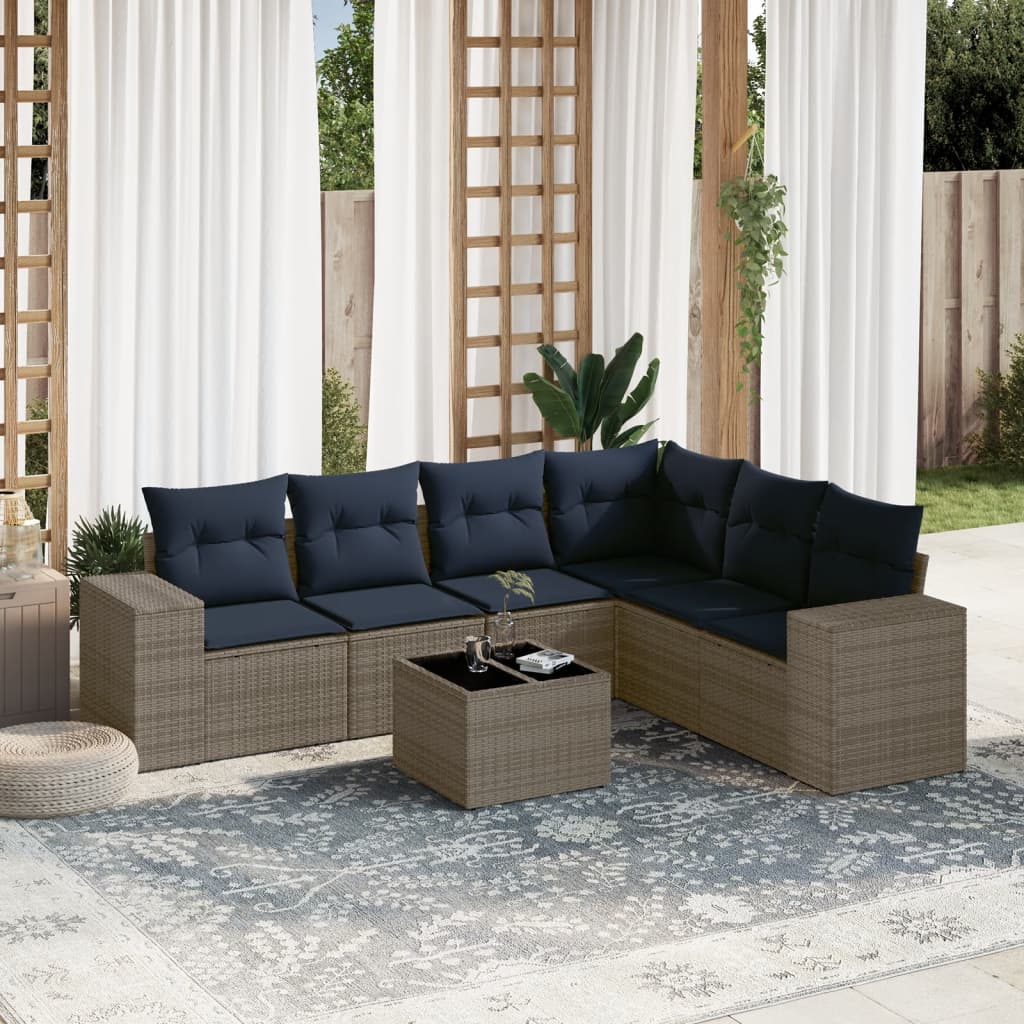 7-teiliges Gartensofa-Set mit Kissen, grau, Polyrattan