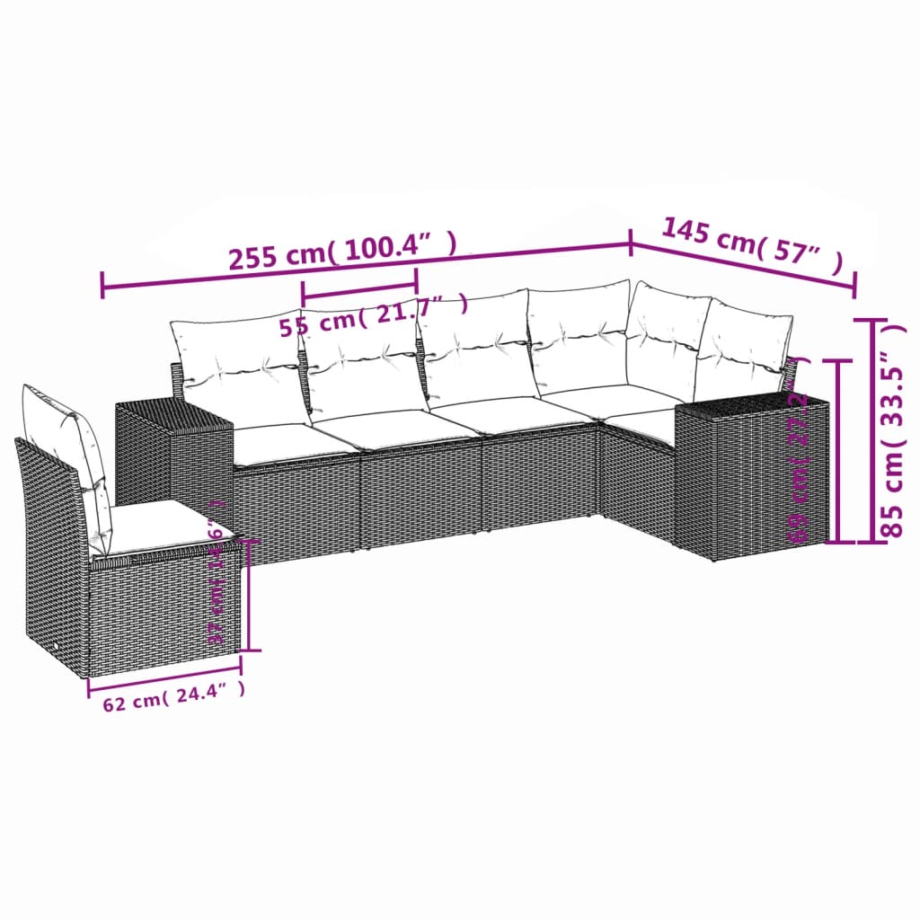 6-teiliges Gartensofa-Set mit Kissen, braun, Polyrattan