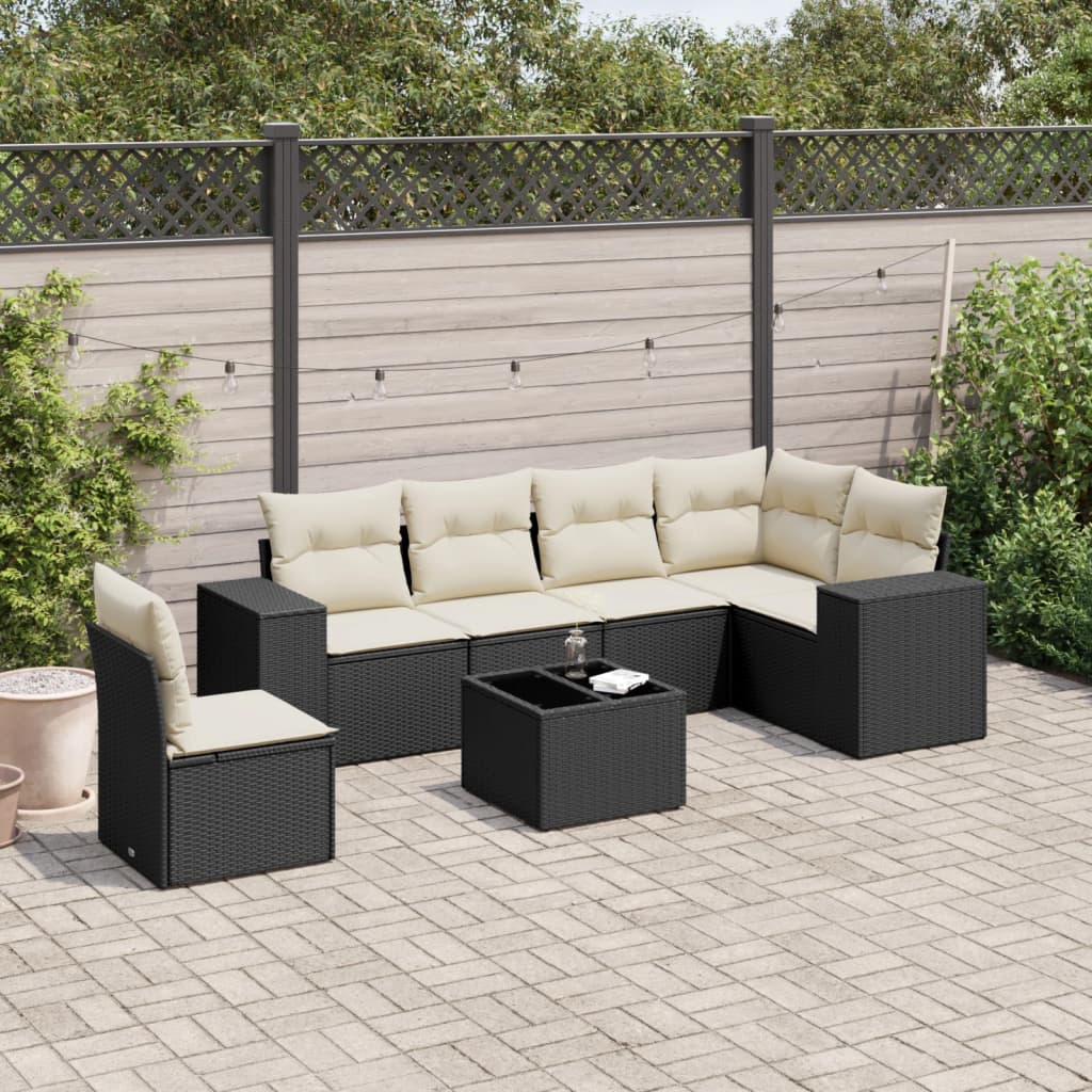 7-tlg. Garten-Sofagarnitur mit Kissen Schwarz Poly Rattan