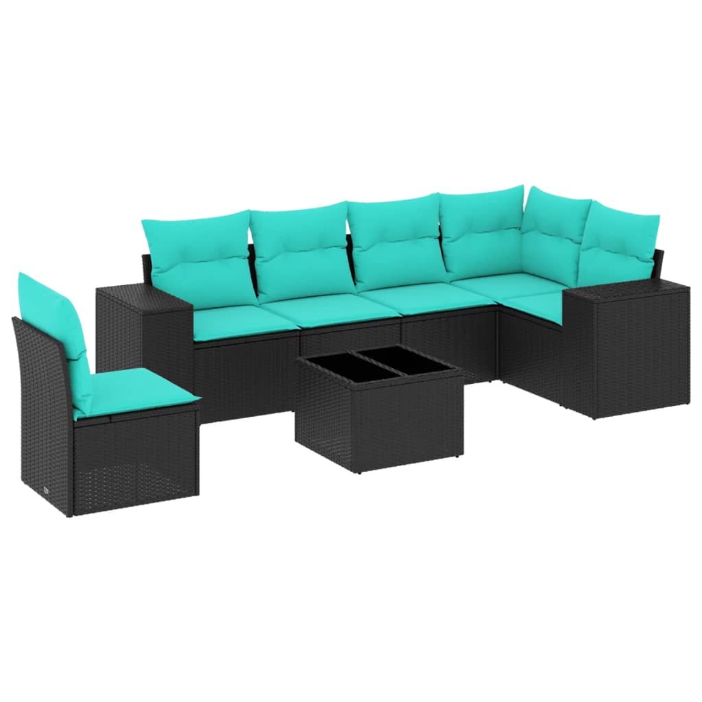 7-teiliges Gartensofa-Set mit Kissen, schwarzes Polyrattan