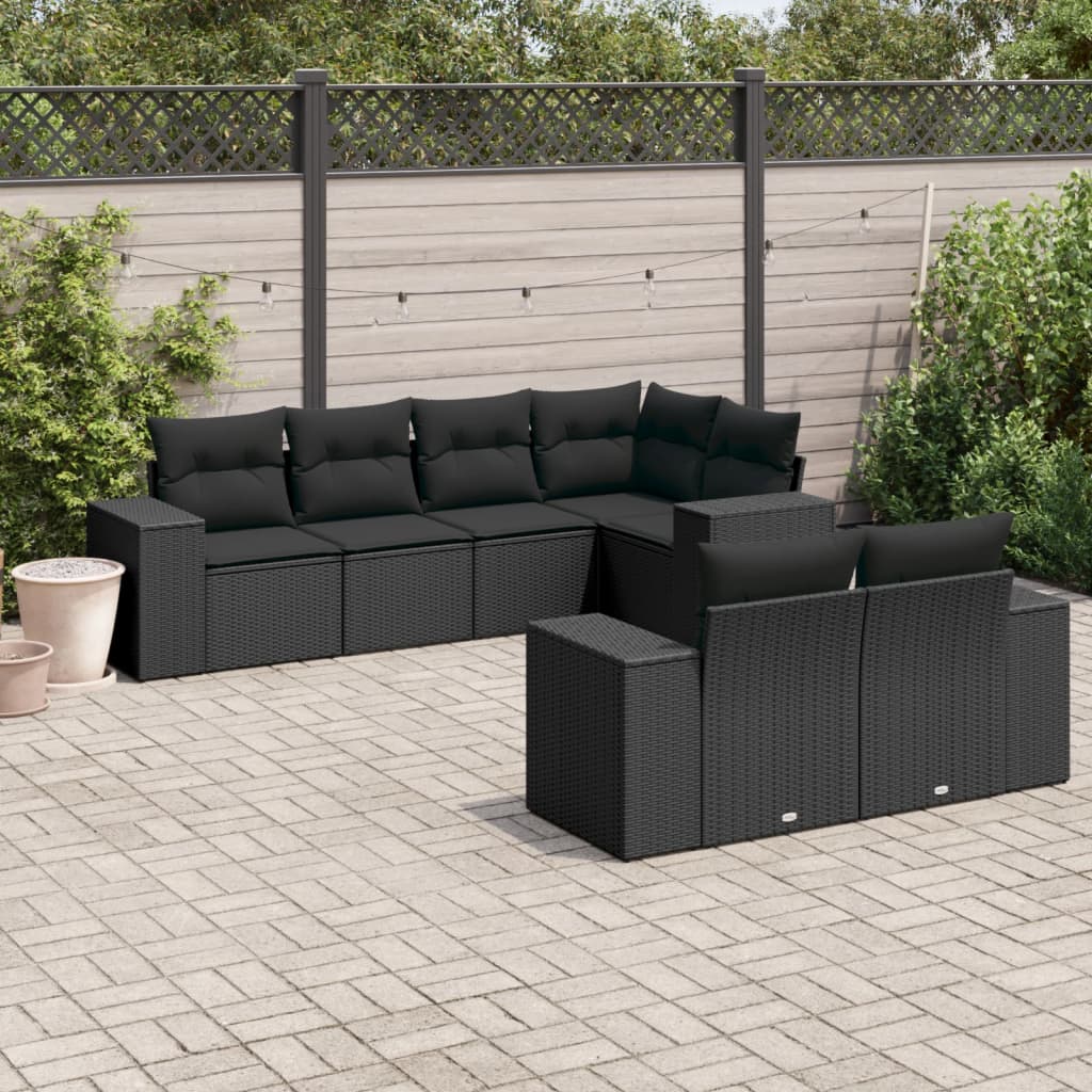 7-tlg. Garten-Sofagarnitur mit Kissen Schwarz Poly Rattan