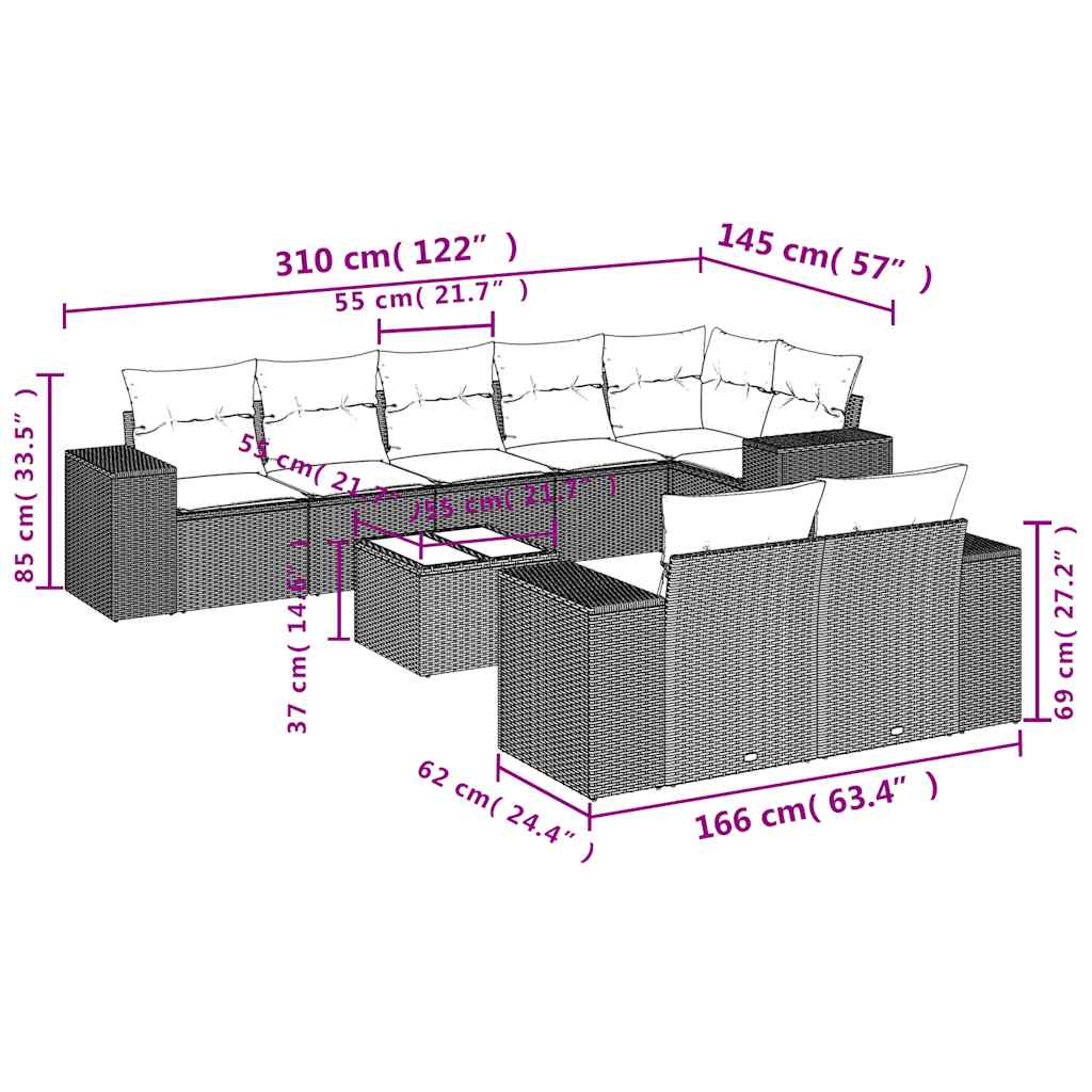 9-teiliges Gartensofa-Set mit Kissen, grau, Polyrattan