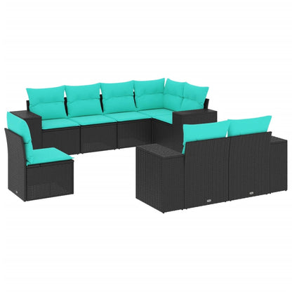 8-teiliges Gartensofa-Set mit Kissen, schwarzes Polyrattan