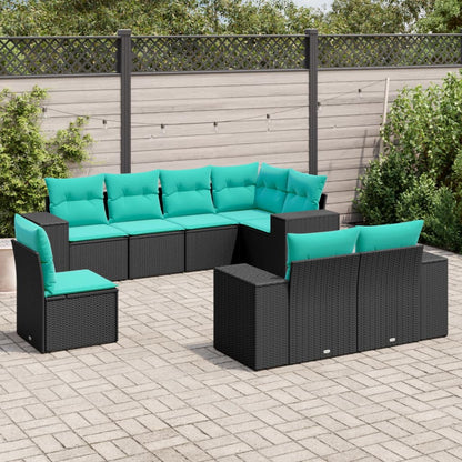 8-teiliges Gartensofa-Set mit Kissen, schwarzes Polyrattan