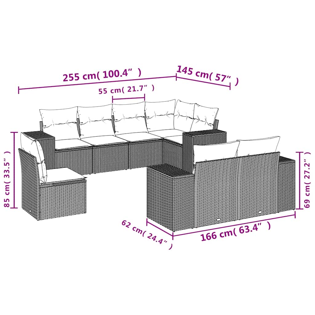 8-teiliges Gartensofa-Set mit Kissen, braun, Polyrattan