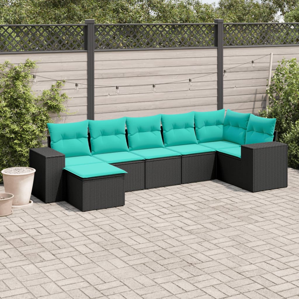 7-teiliges Gartensofa-Set mit Kissen, schwarzes Polyrattan