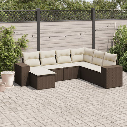 7-tlg. Garten-Sofagarnitur mit Kissen Braun Poly Rattan
