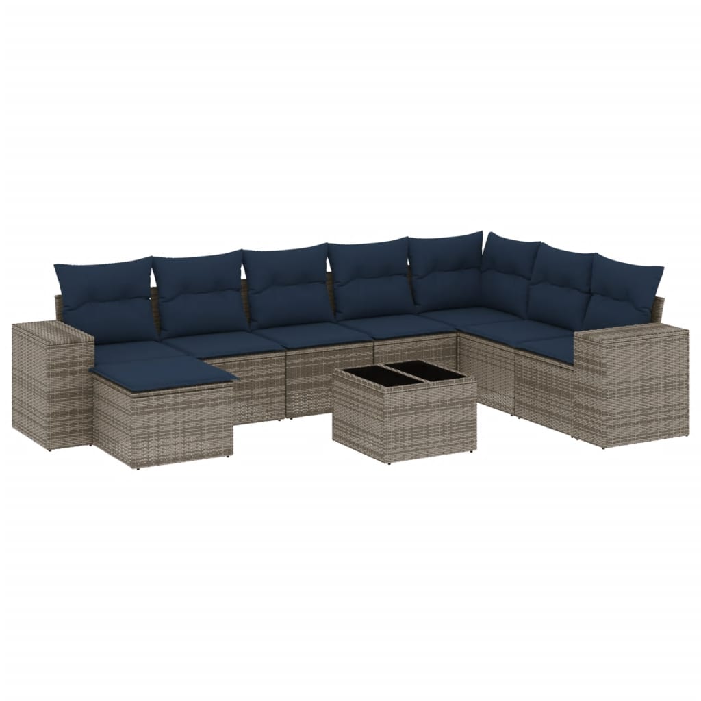 9-teiliges Gartensofa-Set mit Kissen, grau, Polyrattan