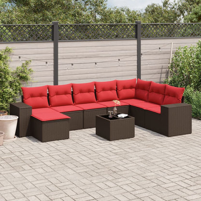 9-teiliges Gartensofa-Set mit Kissen, braun, Polyrattan
