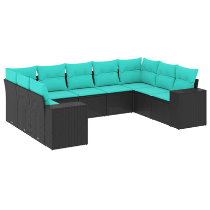 9-teiliges Gartensofa-Set mit Kissen, schwarzes Polyrattan