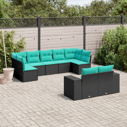 9-teiliges Gartensofa-Set mit Kissen, schwarzes Polyrattan