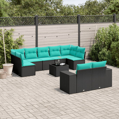 10-teiliges Gartensofa-Set mit Kissen, schwarzes Polyrattan