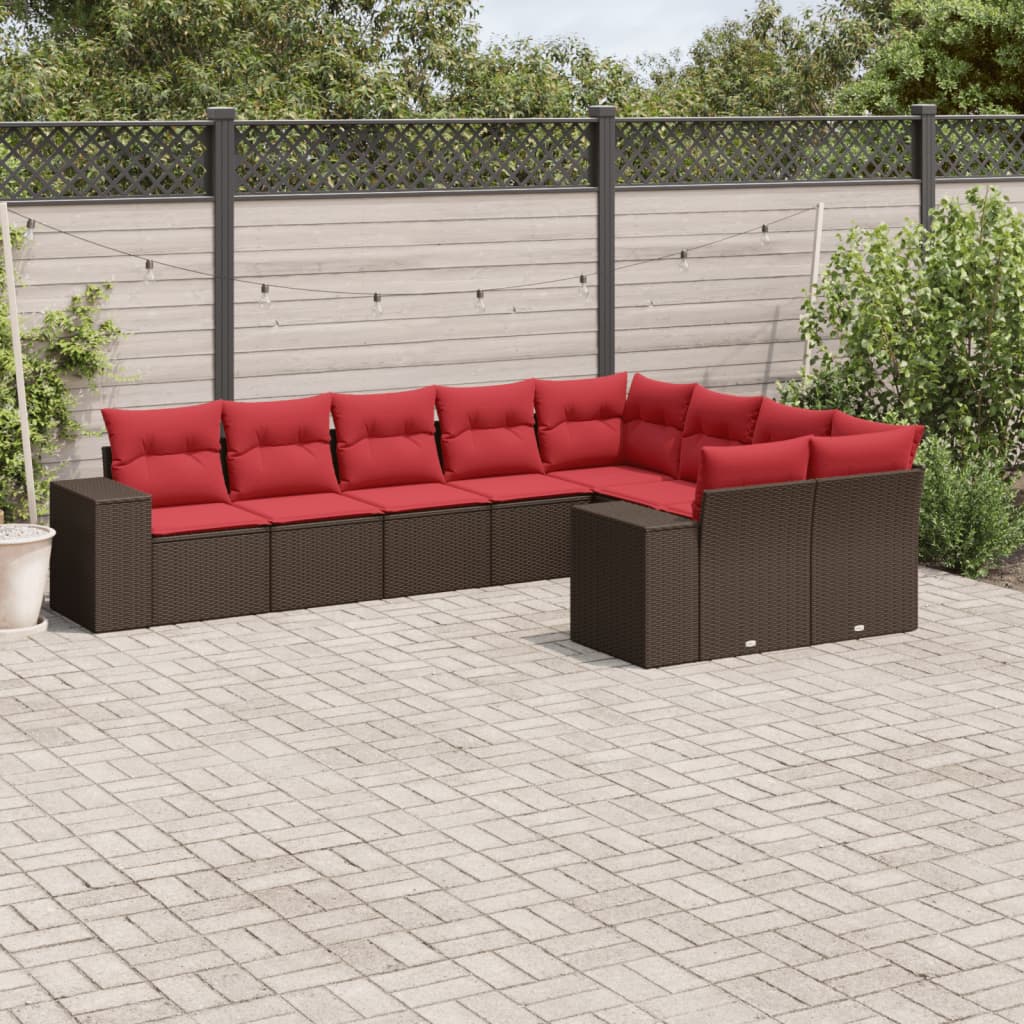 9-teiliges Gartensofa-Set mit Kissen, braun, Polyrattan
