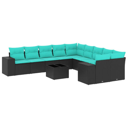 11-teiliges Gartensofa-Set mit Kissen, schwarzes Polyrattan