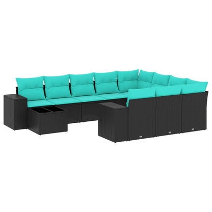 11-teiliges Gartensofa-Set mit Kissen, schwarzes Polyrattan