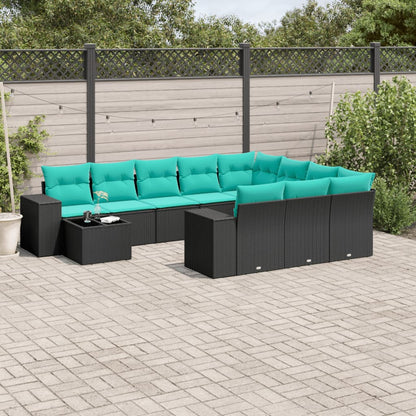 11-teiliges Gartensofa-Set mit Kissen, schwarzes Polyrattan