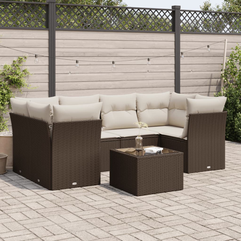 7-tlg. Garten-Sofagarnitur mit Kissen Braun Poly Rattan