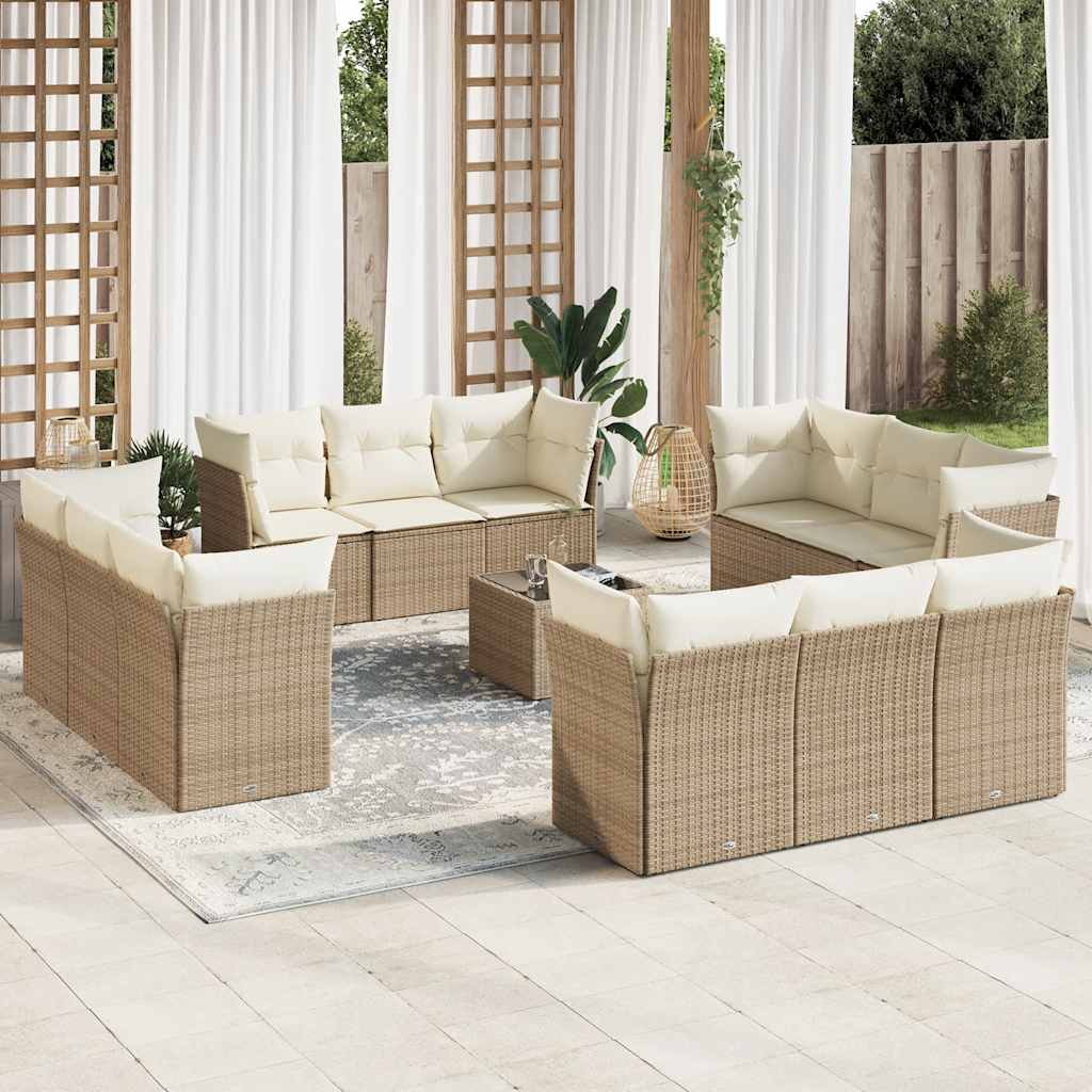 13-tlg. Garten-Sofagarnitur mit Kissen Beige Poly Rattan