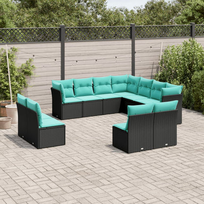 11-teiliges Gartensofa-Set mit Kissen, schwarzes Polyrattan