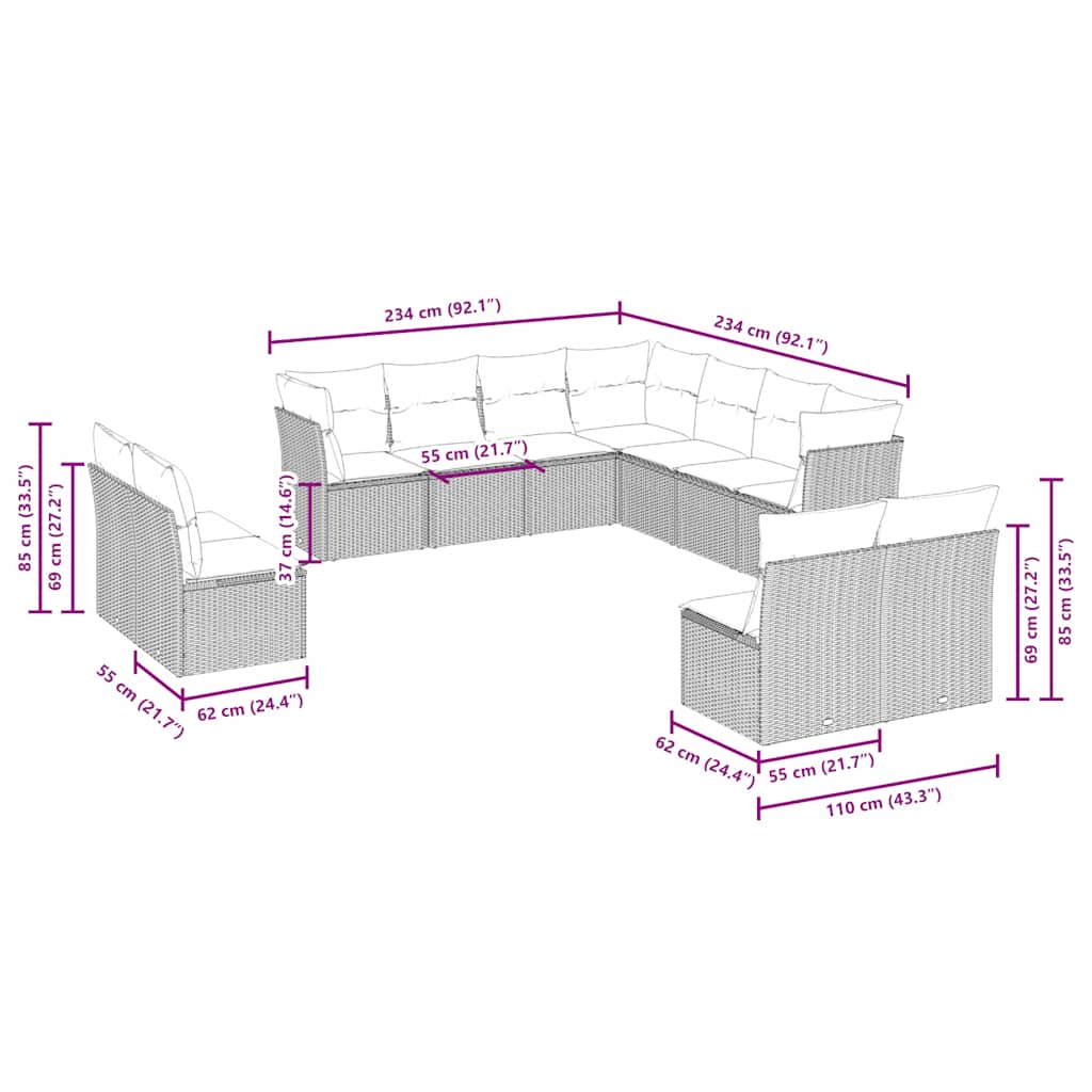 11-tlg. Garten-Sofagarnitur mit Kissen Hellgrau Poly Rattan