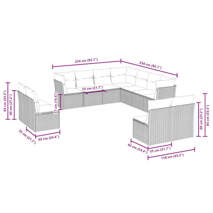 11-tlg. Garten-Sofagarnitur mit Kissen Hellgrau Poly Rattan
