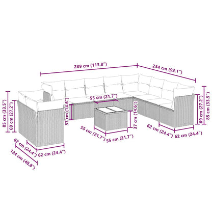 11-tlg. Garten-Sofagarnitur mit Kissen Hellgrau Poly Rattan
