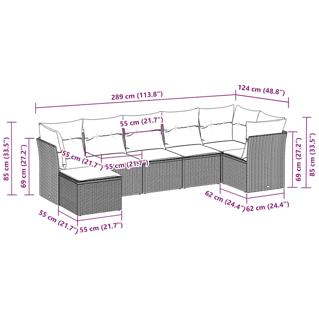 7-tlg. Garten-Sofagarnitur mit Kissen Hellgrau Poly Rattan