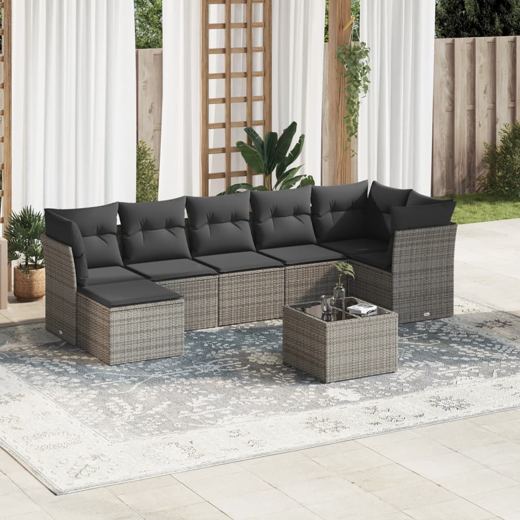 8-tlg. Garten-Sofagarnitur mit Kissen Grau Poly Rattan