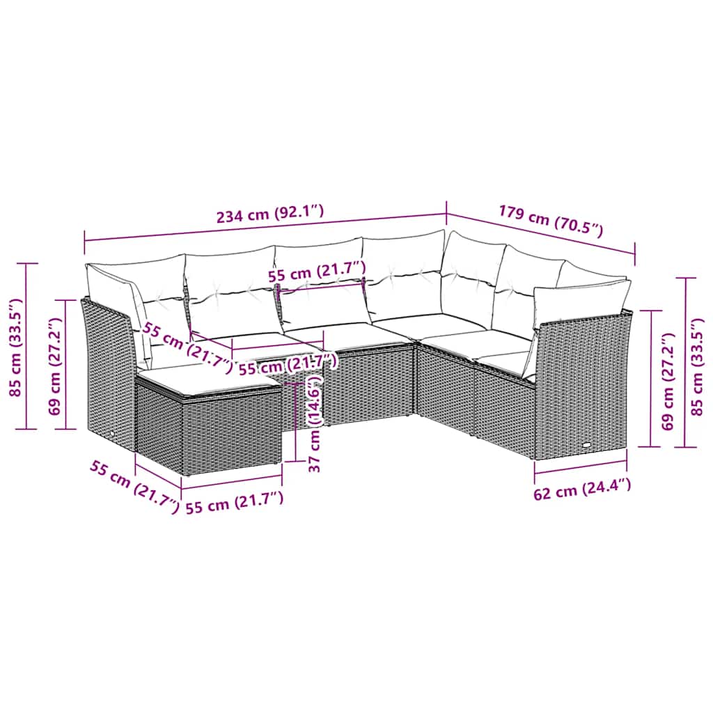 7-tlg. Garten-Sofagarnitur mit Kissen Hellgrau Poly Rattan