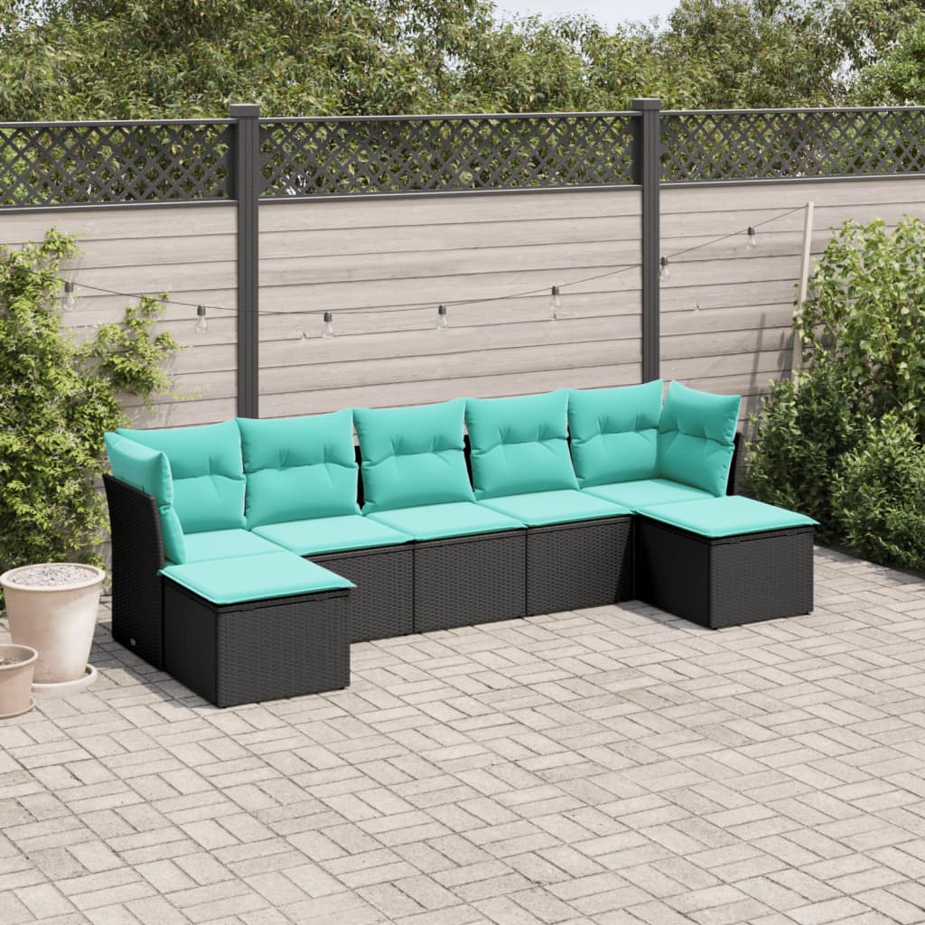 7-teiliges Gartensofa-Set mit Kissen, schwarzes Polyrattan