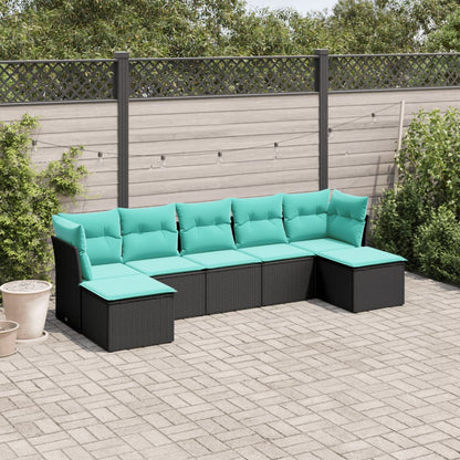 7-teiliges Gartensofa-Set mit Kissen, schwarzes Polyrattan