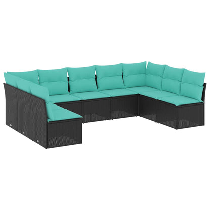 9-teiliges Gartensofa-Set mit Kissen, schwarzes Polyrattan