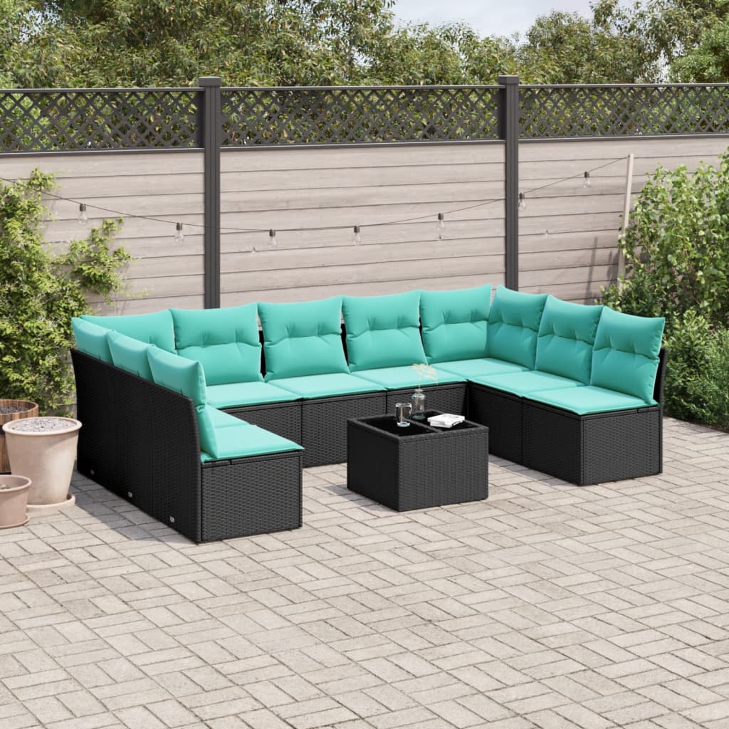 10-teiliges Gartensofa-Set mit Kissen, schwarzes Polyrattan