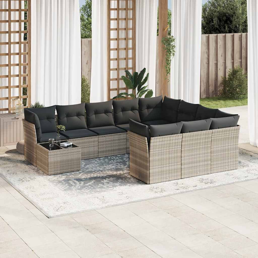 11-tlg. Garten-Sofagarnitur mit Kissen Hellgrau Poly Rattan
