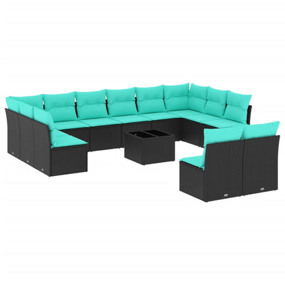 13-teiliges Gartensofa-Set mit Kissen, schwarzes Polyrattan