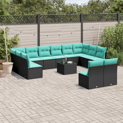 13-teiliges Gartensofa-Set mit Kissen, schwarzes Polyrattan