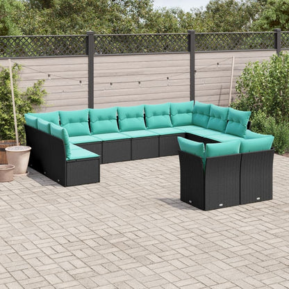 12-teiliges Gartensofa-Set mit Kissen, schwarzes Polyrattan