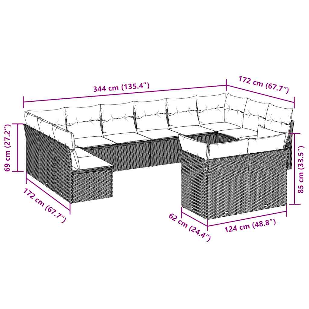 12-tlg. Garten-Sofagarnitur mit Kissen Braun Poly Rattan