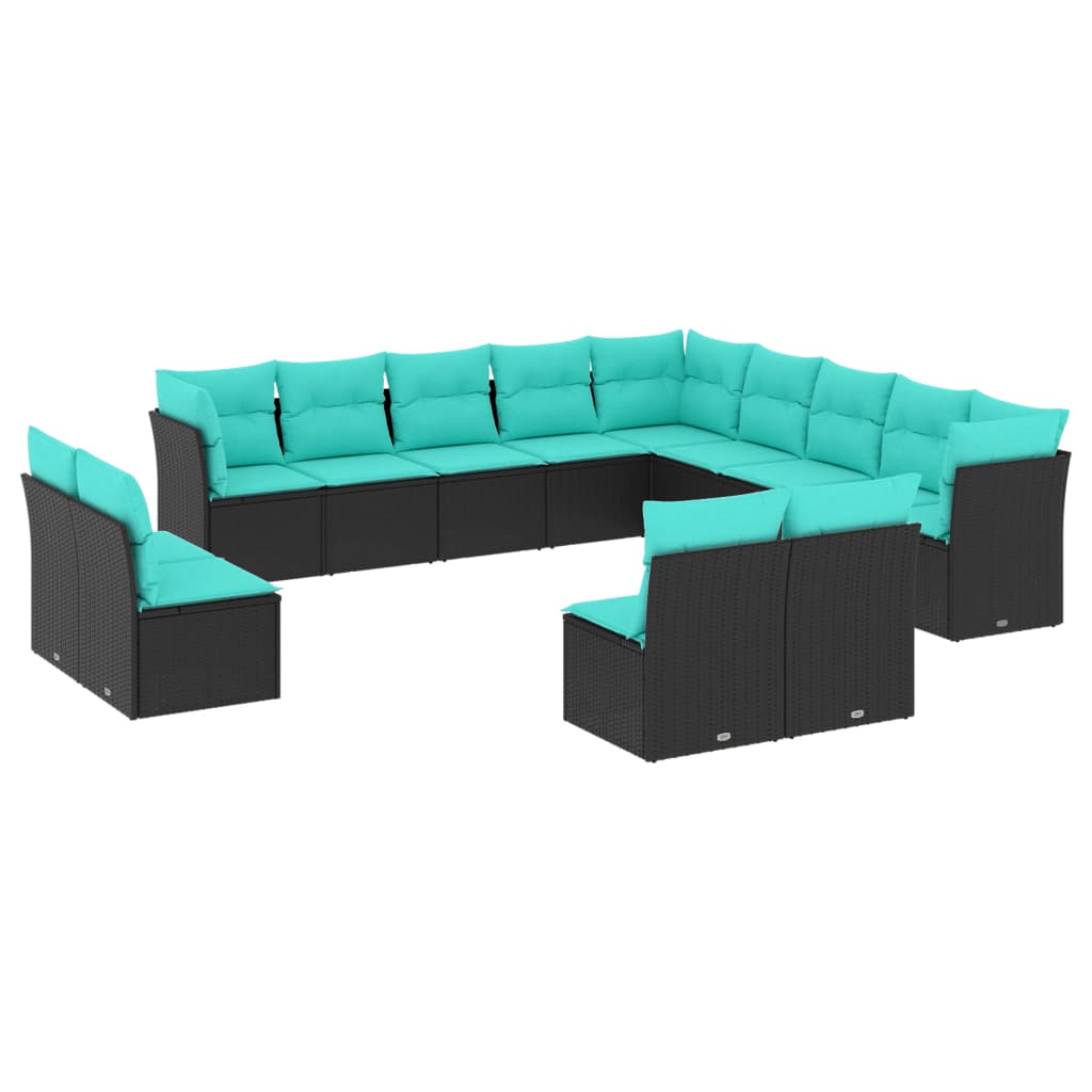 13-teiliges Gartensofa-Set mit Kissen, schwarzes Polyrattan