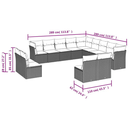 13-teiliges Gartensofa-Set mit Kissen, schwarzes Polyrattan