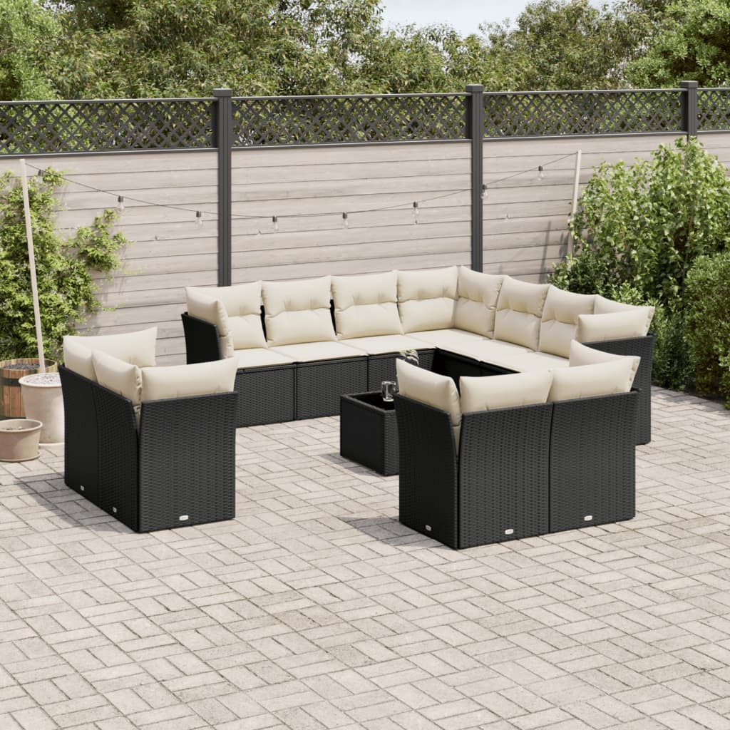 12-tlg. Garten-Sofagarnitur mit Kissen Schwarz Poly Rattan