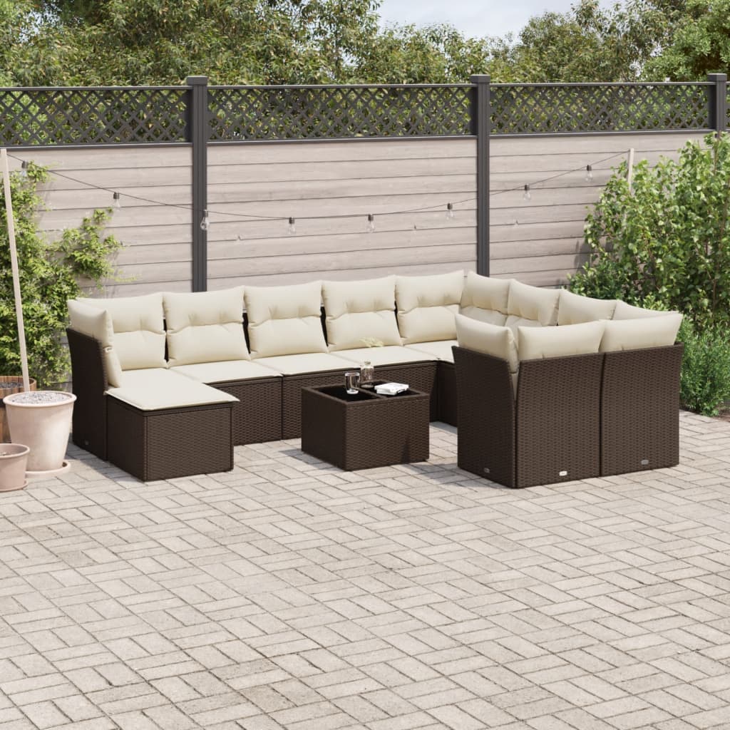 11-tlg. Garten-Sofagarnitur mit Kissen Braun Poly Rattan
