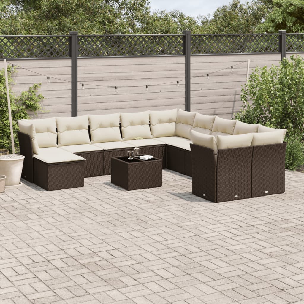 12-tlg. Garten-Sofagarnitur mit Kissen Braun Poly Rattan