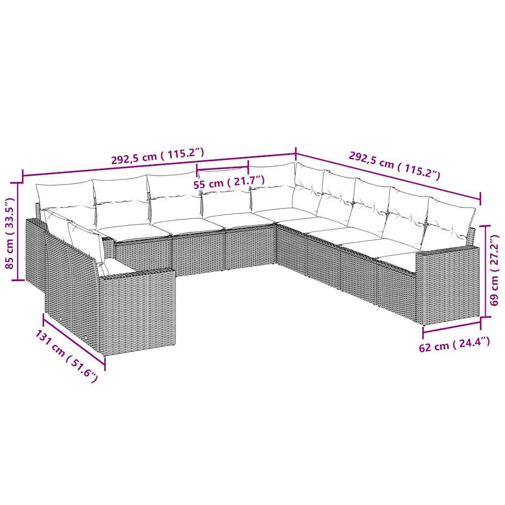 11-tlg. Garten-Sofagarnitur mit Kissen Hellgrau Poly Rattan