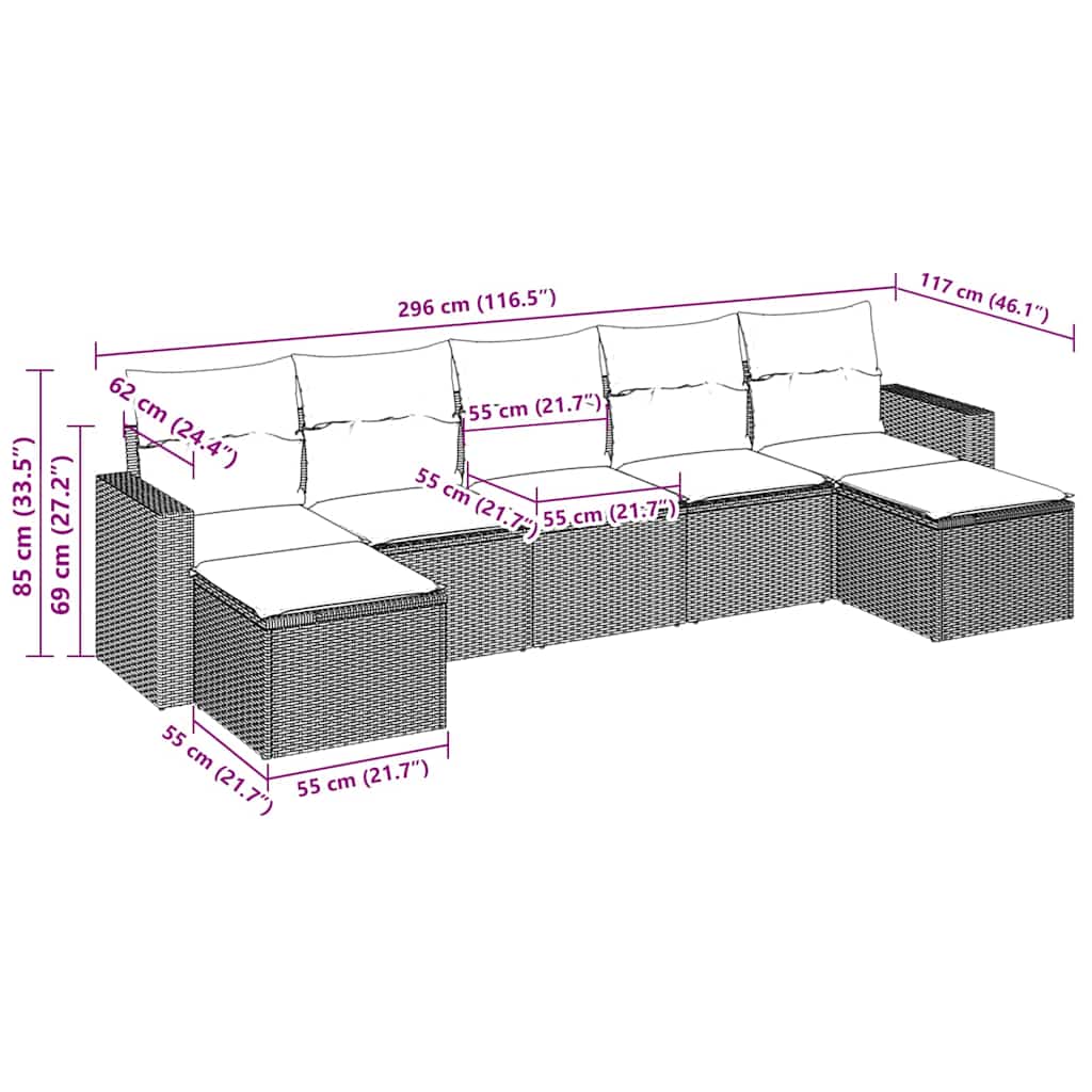 7-tlg. Garten-Sofagarnitur mit Kissen Braun Poly Rattan