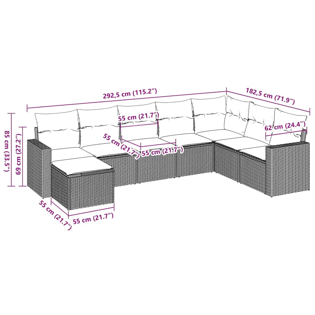 8-tlg. Garten-Sofagarnitur mit Kissen Braun Poly Rattan