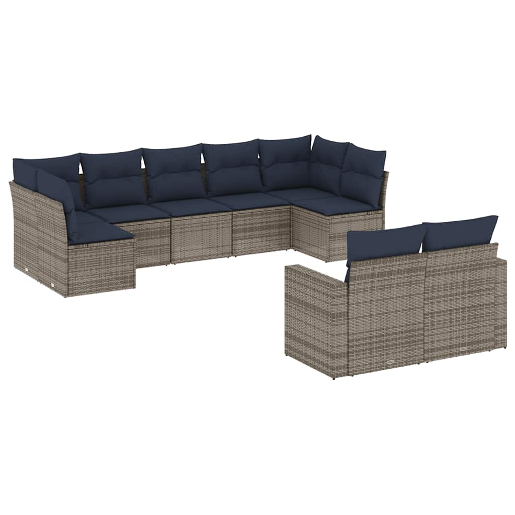 9-tlg. Garten-Sofagarnitur mit Kissen Grau Poly Rattan